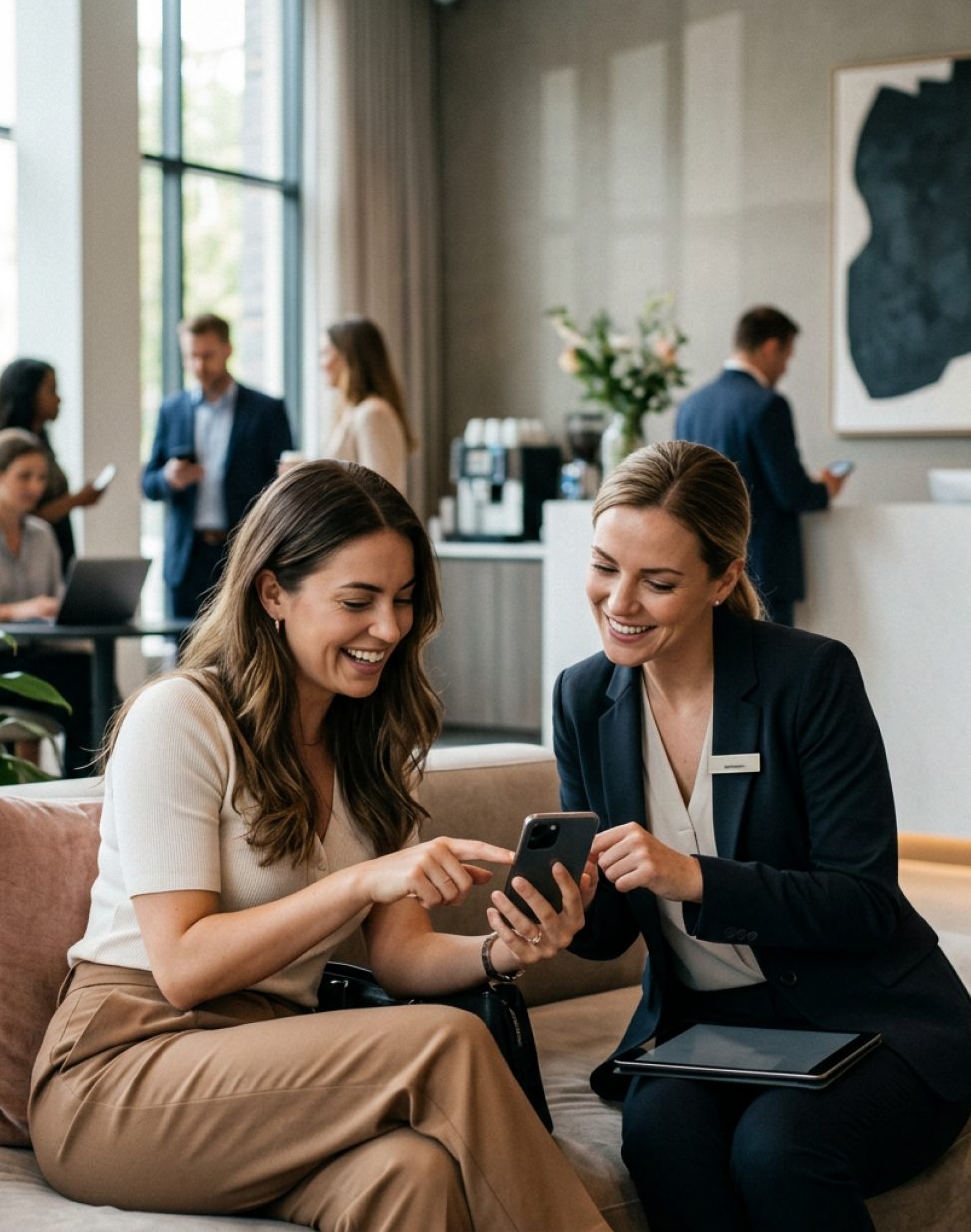 Two hospitality professionals reviewing content on a phone in a hotel lobby